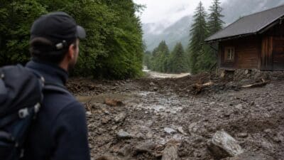 Ein Mann mit Rucksack und Kappe betrachtet die Schlammspuren eines Murenabgangs neben einer Holzhütte.