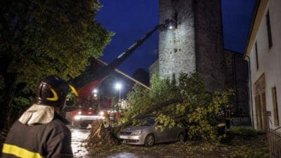Feuerwehrleute räumen umgestürzten Baum von Auto vor Kirchturm bei Nacht.