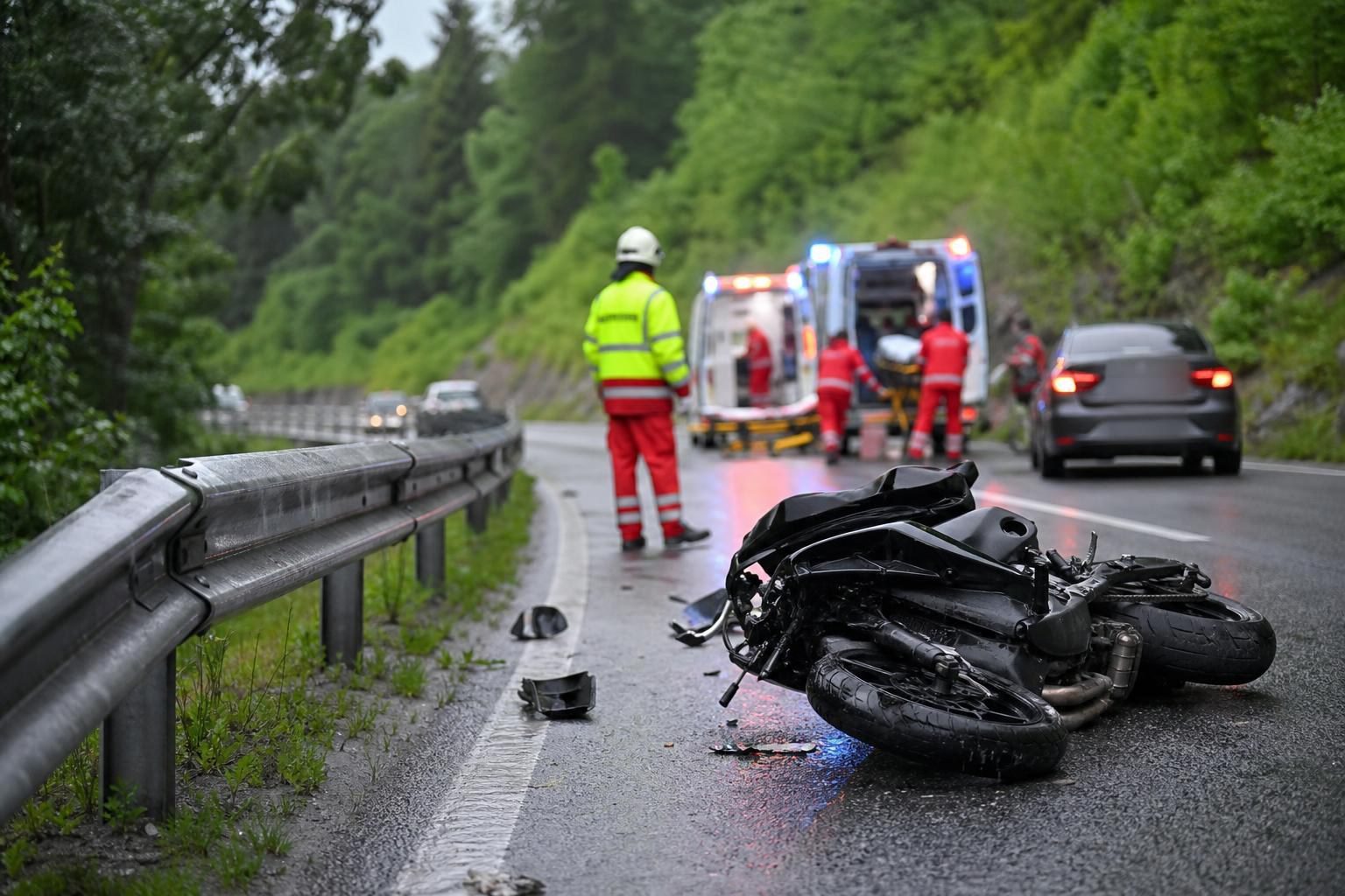Umgestürztes Motorrad auf nasser Straße mit Rettungskräften und Krankenwagen im Hintergrund