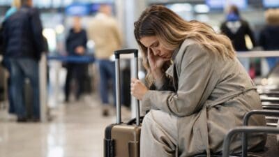 Erschöpfte Frau mit Koffer sitzt auf Bank im Flughafen und stützt den Kopf ab