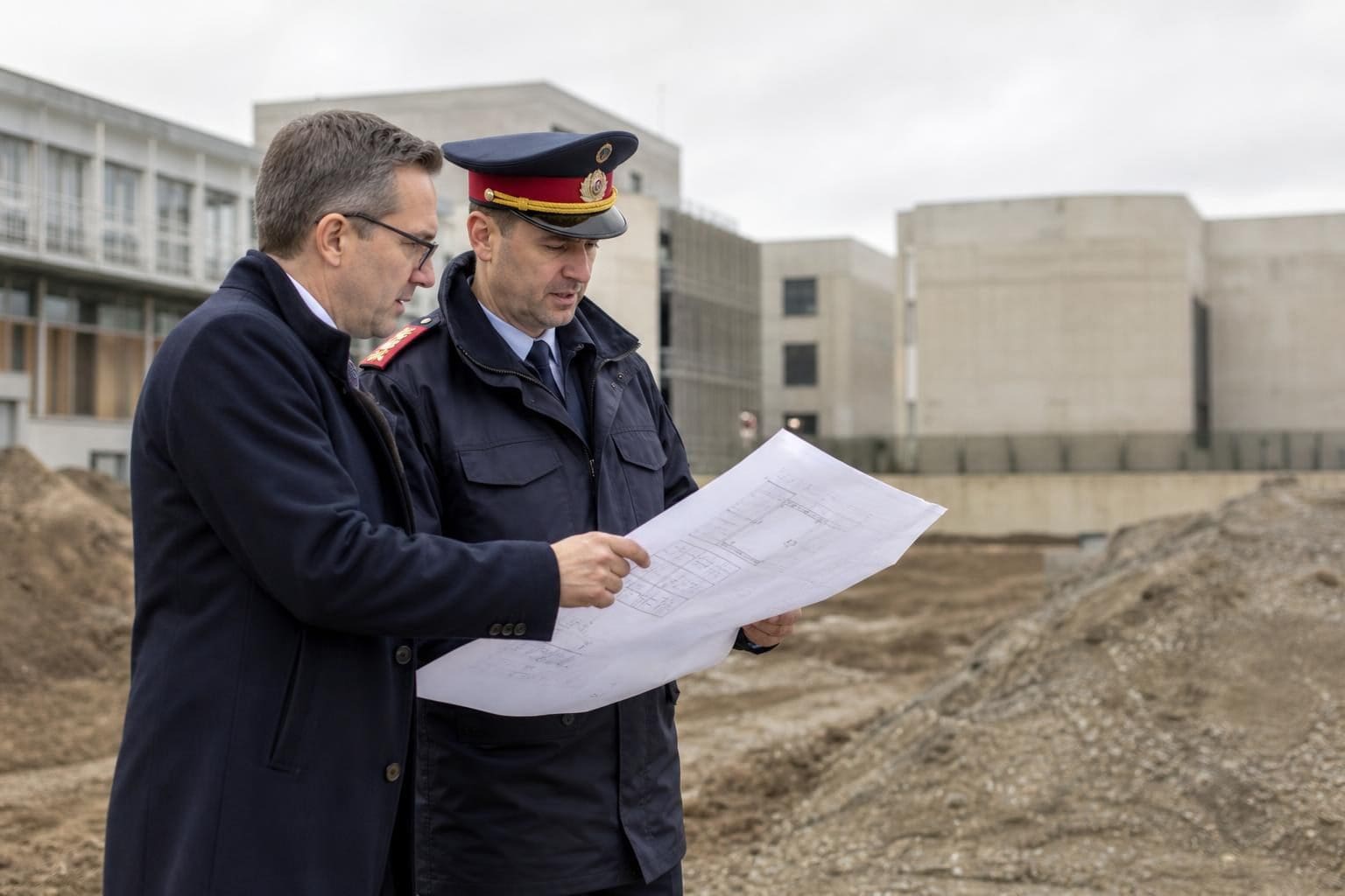 Polizeibeamter und Zivilist betrachten Baupläne auf einer Baustelle