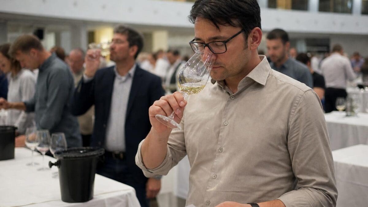 Mann mit Brille riecht an einem Glas Weißwein bei einer Verkostung