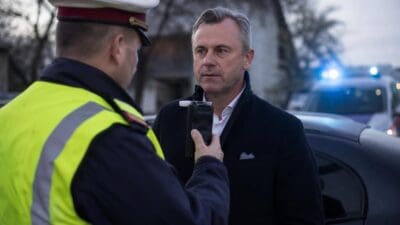 Polizist in gelber Warnweste hält einem Mann ein Alkoholmessgerät vor den Mund