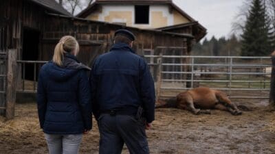 Eine Frau und ein Polizist stehen vor einem toten Pferd auf einem Bauernhof.