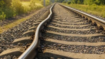 Nahaufnahme von Eisenbahnschienen auf Schotterbett in ländlicher Umgebung