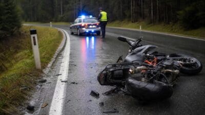 Umgestürztes Motorrad auf nasser Straße neben Polizeiauto mit Blaulicht und Beamtem