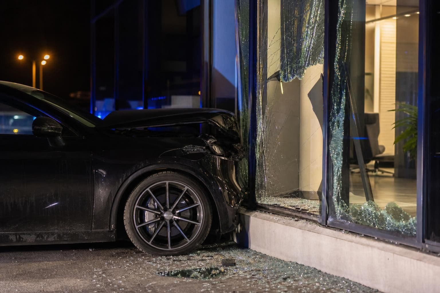 Schwarzer Pkw mit beschädigter Front in zerbrochener Glasfassade eines Gebäudes bei Nacht