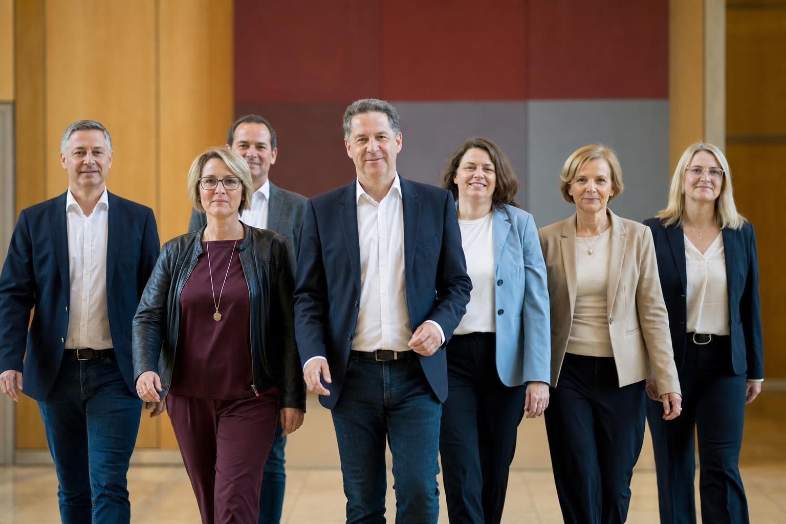 Gruppe von sieben Personen in formeller Kleidung geht durch einen modernen Raum