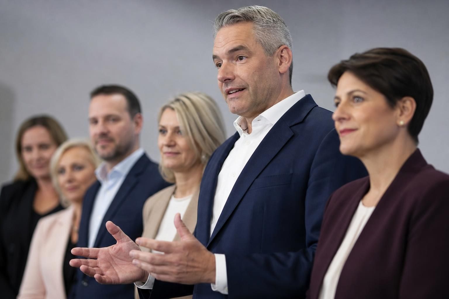 Peter Eder gestikuliert mit beiden Händen vor seinem Führungsteam