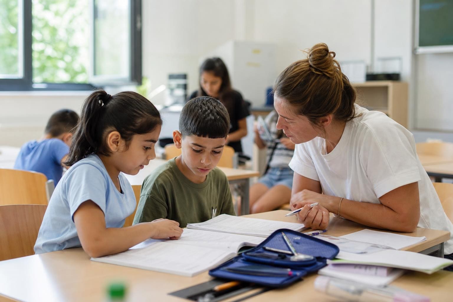 Lehrerin hilft zwei Schülern bei Aufgaben am Tisch im Klassenzimmer