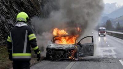 Feuerwehrmann beobachtet brennenden Pkw mit offener Tür auf nasser Autobahn