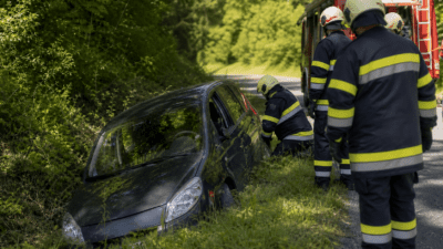 Schwarzer Pkw liegt im Straßengraben, Feuerwehrleute stehen daneben und untersuchen das Fahrzeug