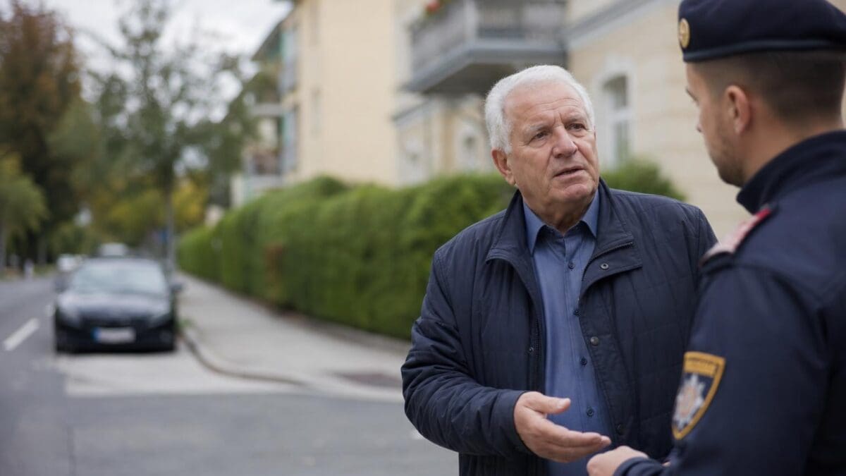 Älterer Mann mit weißen Haaren spricht mit einem Polizisten auf einer Straße