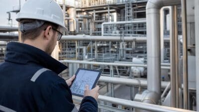 Arbeiter mit Schutzhelm betrachtet digitale Karte auf Tablet in Industrieanlage