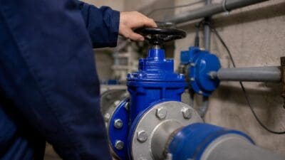 Hand eines Arbeiters dreht das Rad eines blauen Ventils an Rohrleitungen
