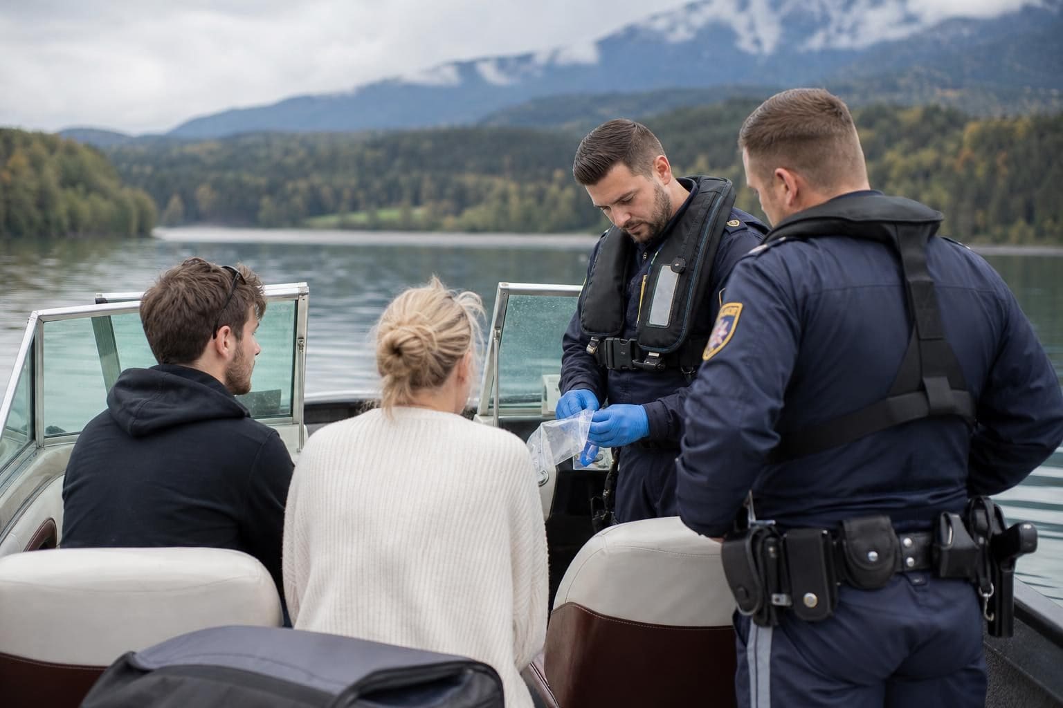 Polizisten kontrollieren ein Paar auf einem Boot und untersuchen eine Plastiktüte