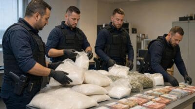 Vier Polizisten in Schutzwesten begutachten auf einem Tisch Plastikbeutel mit weißem Pulver und Bargeld