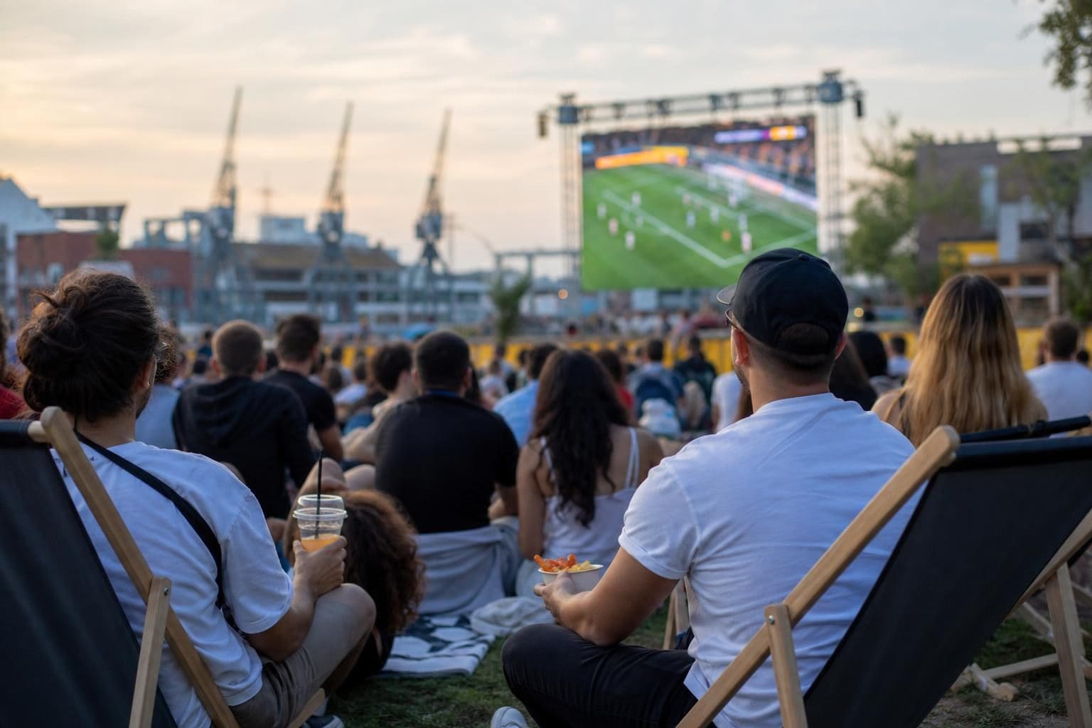 Menschen sitzen in Liegestühlen und schauen auf eine große Leinwand mit Fußballspiel im Freien.
