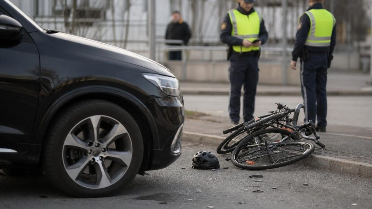 Schwarzer Geländewagen neben umgestürztem Fahrrad und Helm mit Polizisten im Hintergrund