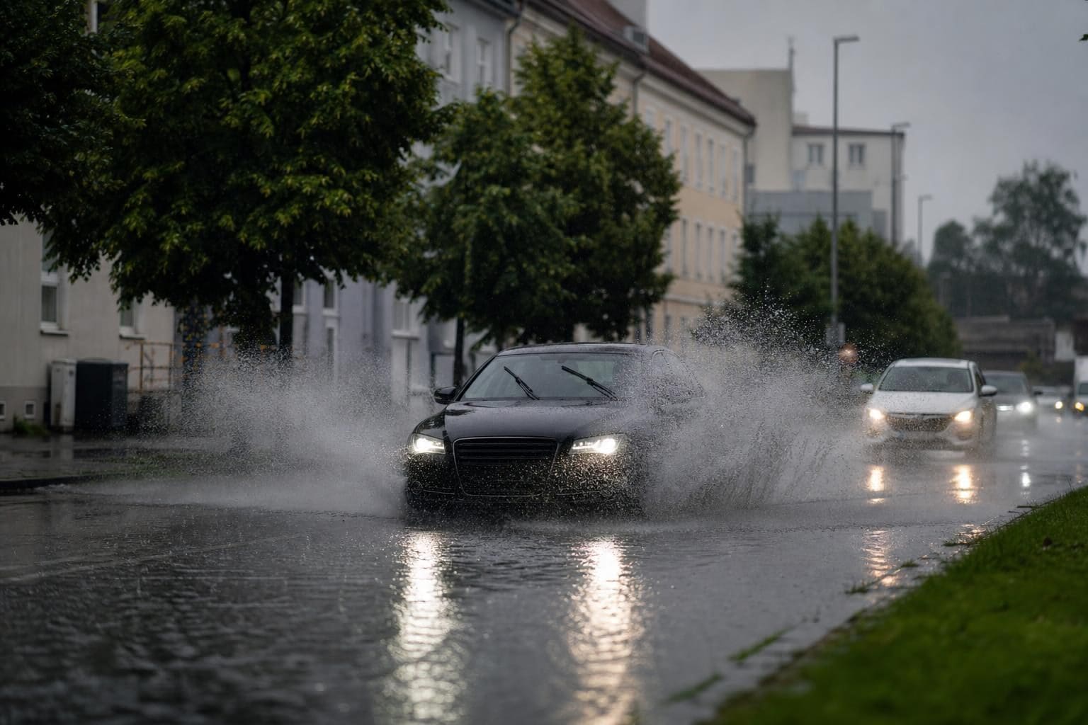 Schwarzes Auto fährt durch überflutete Straße und spritzt Wasser hoch