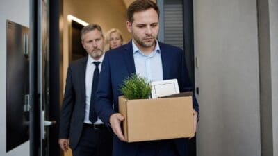 Ein Mann im blauen Anzug trägt einen Karton mit Pflanze aus einem Bürogebäude