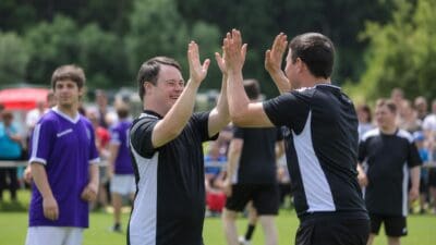 Zwei Fußballspieler in schwarz-weißen Trikots klatschen sich auf einem Rasen ab