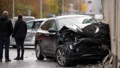 Stark beschädigter schwarzer SUV nach Unfall gegen Hauswand gekracht
