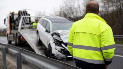 Mann in gelber Warnweste beobachtet verunfallten weißen Kombi auf Abschleppwagen an der Autobahn