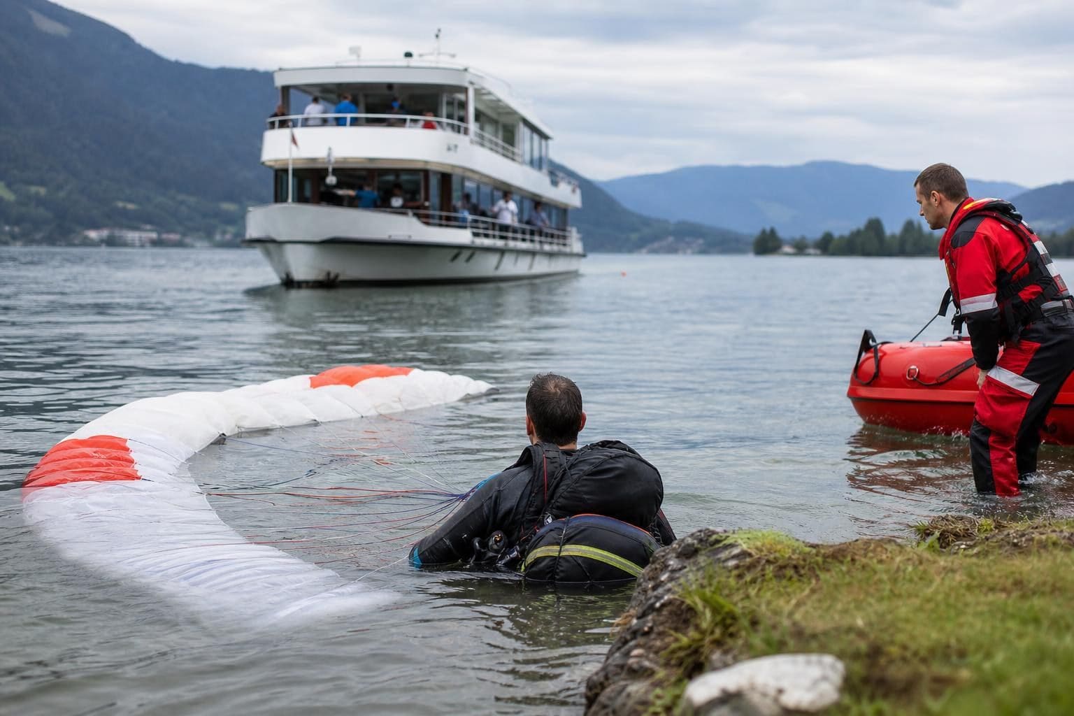 Paragleiter mit verheddertem Schirm sitzt im Ossiacher See neben Rettungskraft und Schlauchboot