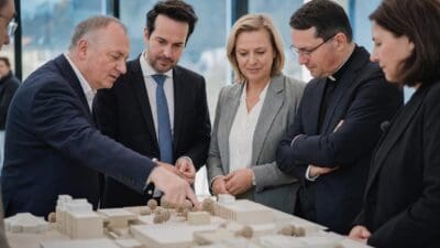Personengruppe betrachtet architektonisches Modell eines Schulgebäudes auf einem Tisch
