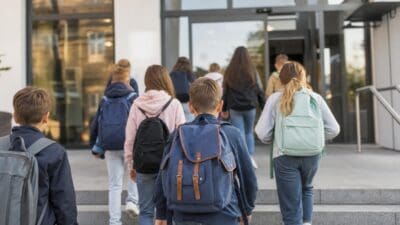 Gruppe von Schülern mit Rucksäcken steigt Stufen zu einem Schulgebäude hinauf