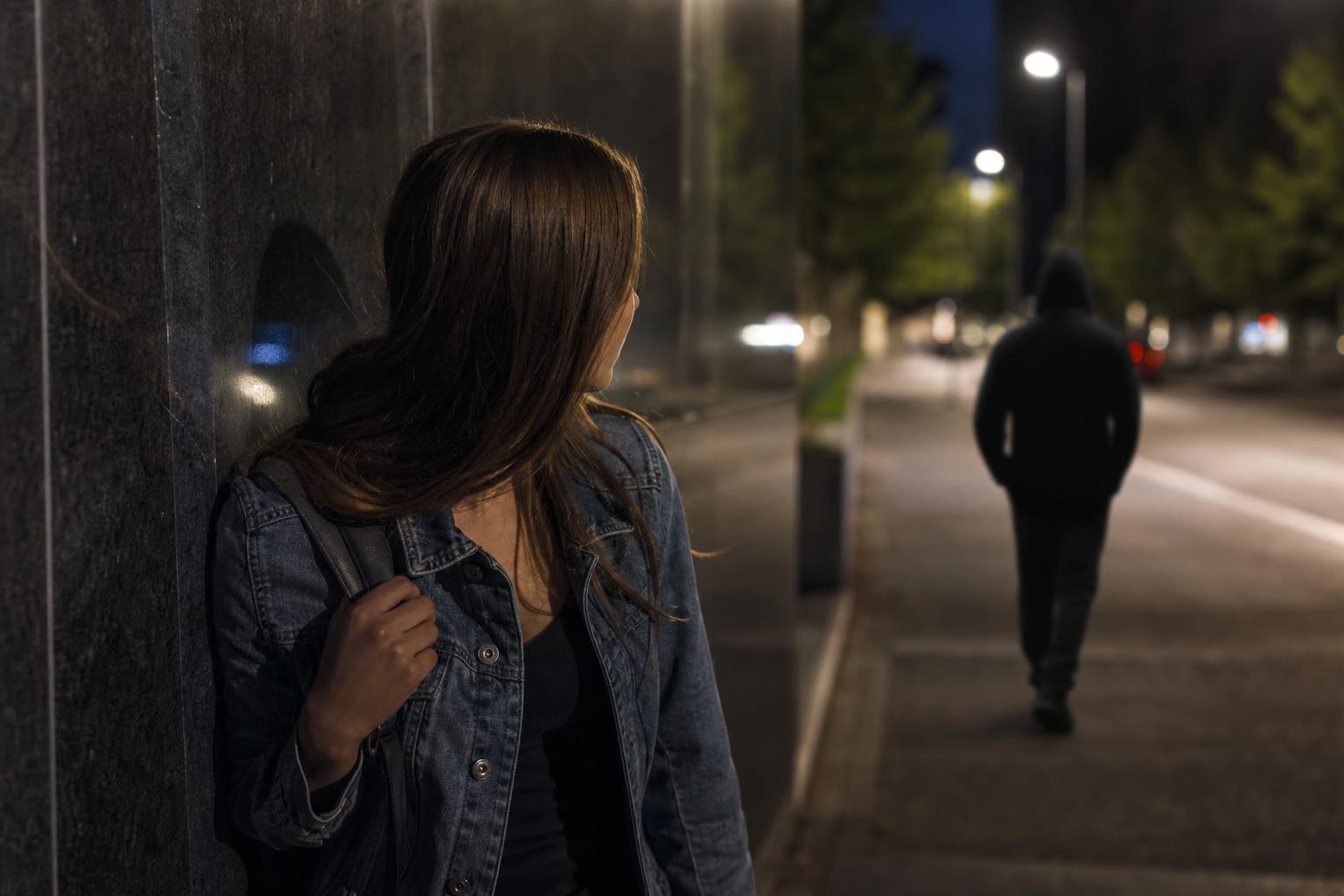 Frau in Jeansjacke lehnt nachts an einer Wand und blickt einem Mann hinterher
