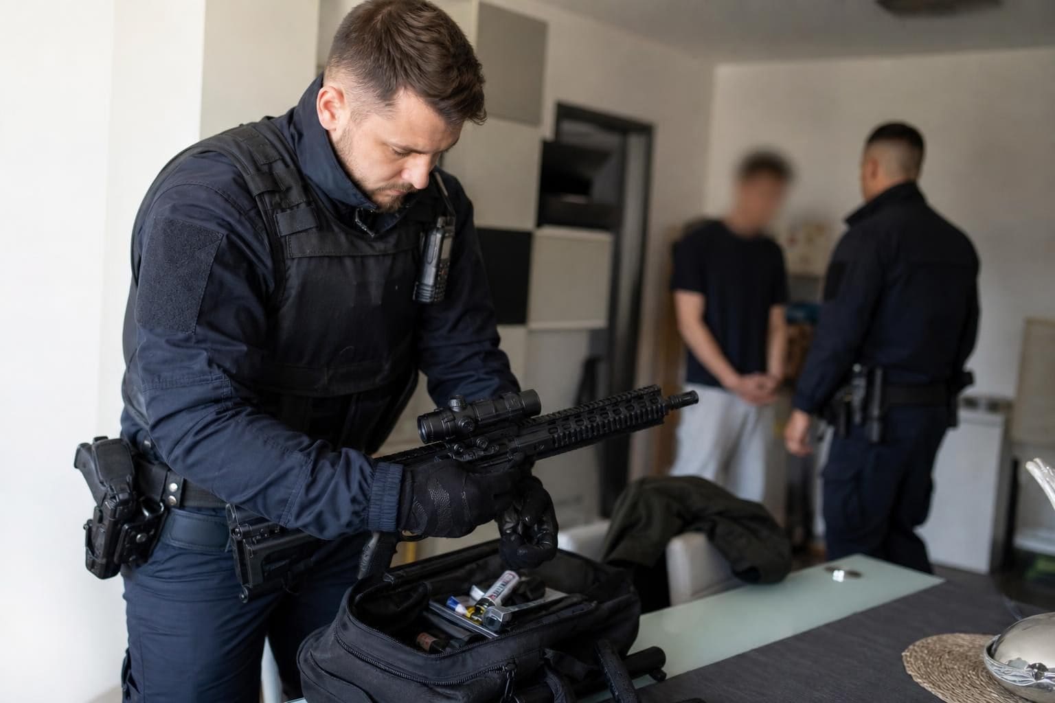 Polizist in Schutzweste untersucht eine schwarze Langwaffe in einer Wohnung