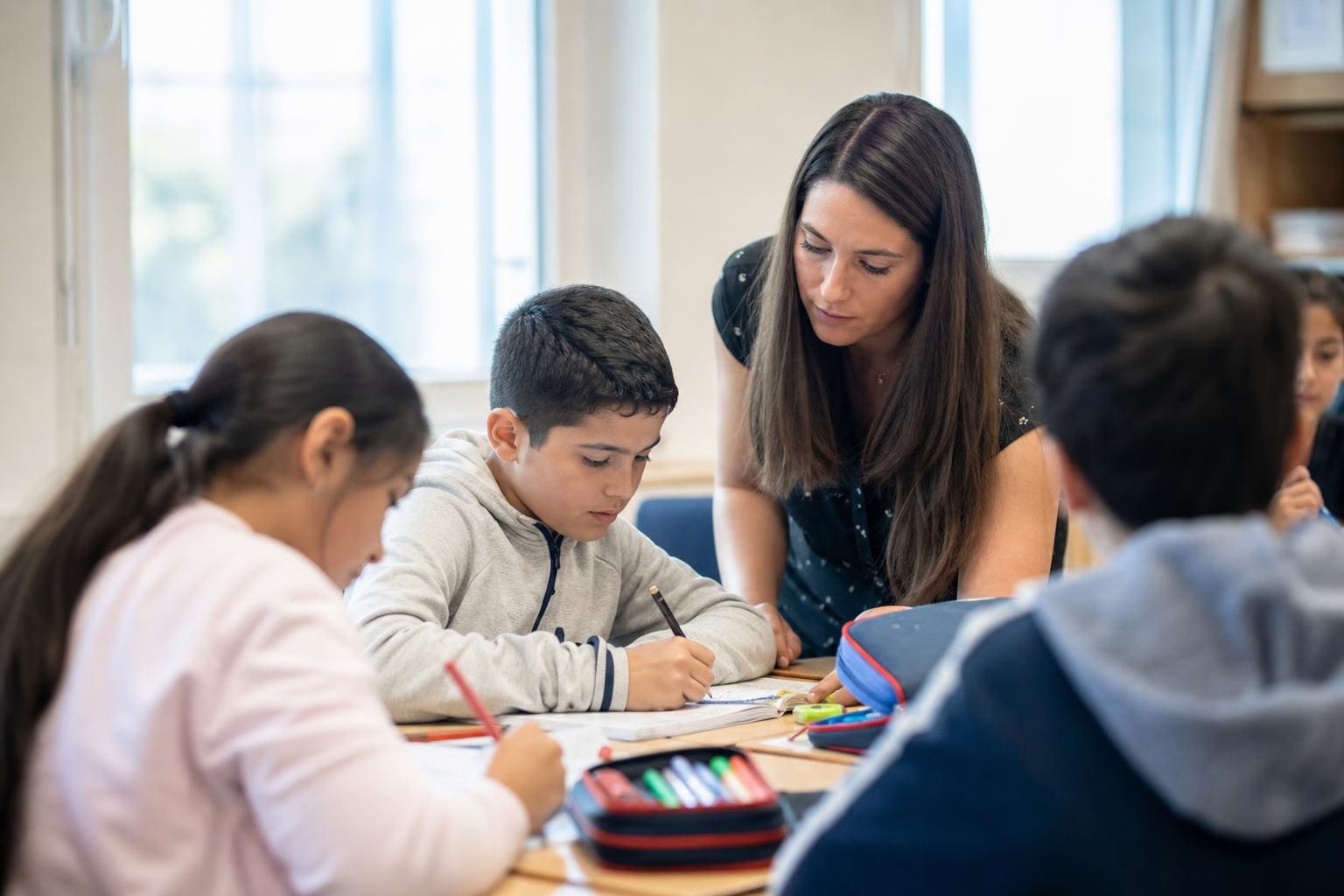 Lehrerin hilft Jungen beim Schreiben in einem Klassenzimmer der Sommerschule