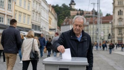 Älterer Mann steckt Stimmzettel in graue Wahlurne auf Grazer Stadtplatz mit Passanten und historischen Gebäuden