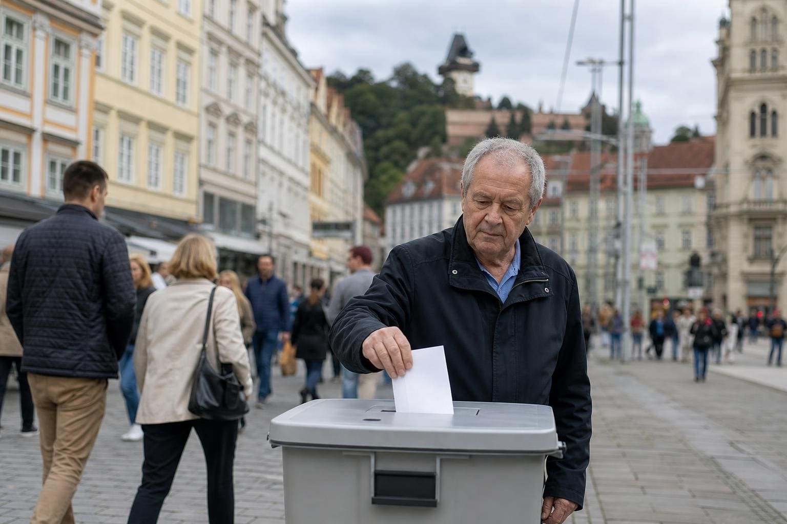 Älterer Mann steckt Stimmzettel in graue Wahlurne auf Grazer Stadtplatz mit Passanten und historischen Gebäuden