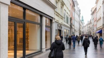 Eine Frau in schwarzer Jacke steht vor einem leeren Schaufenster in der Grazer Herrengasse