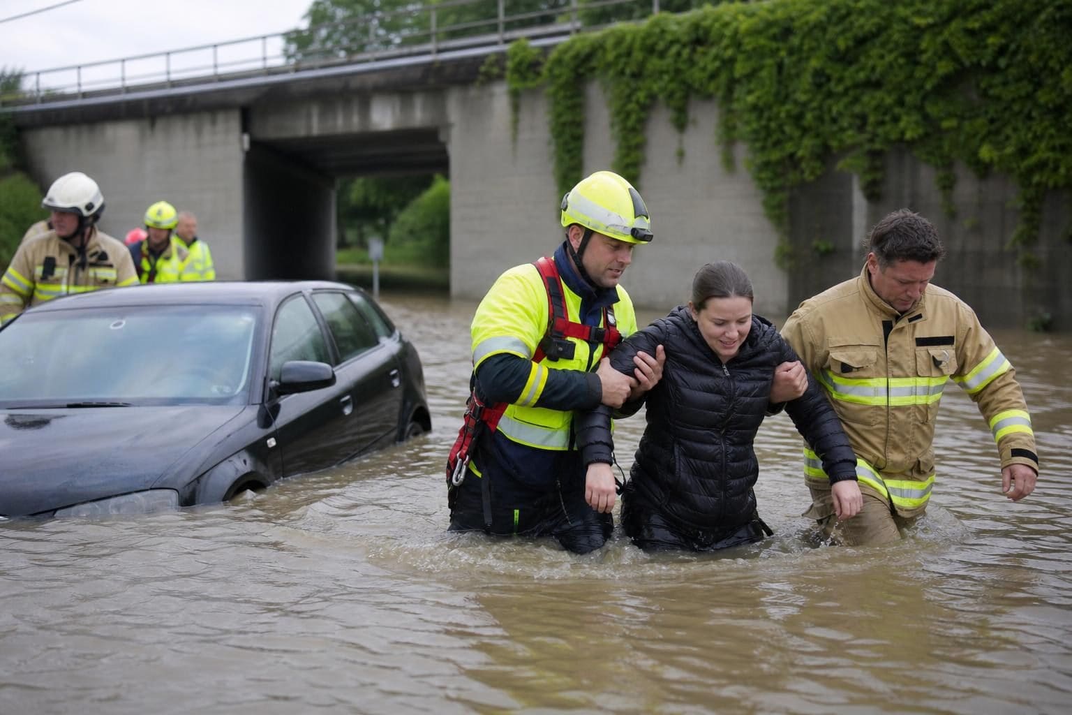 Zwei Feuerwehrleute führen eine Frau durch knietiefes Wasser neben einem überfluteten Auto