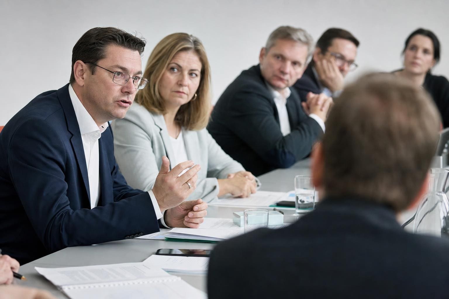 Ein Mann in dunklem Anzug spricht gestikulierend bei einer Sitzung mit mehreren Personen am Tisch