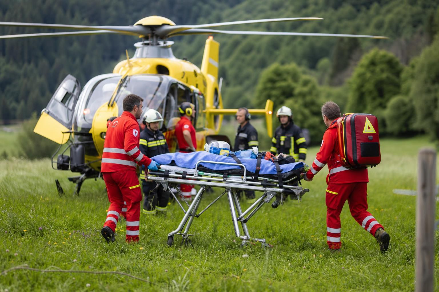 Rettungskräfte in roten Uniformen schieben eine Trage mit Patienten zu einem gelben Hubschrauber auf einer Wiese.