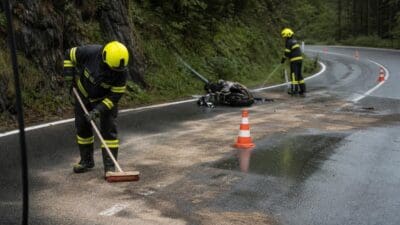 Feuerwehrleute beseitigen Benzinspuren nach Motorradunfall auf kurvenreicher Bergstraße