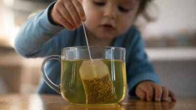 Kleinkind hält Teebeutel-Faden in Glastasse mit grünem Tee auf Holztisch