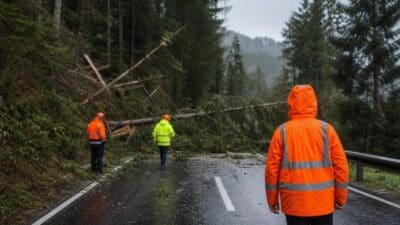 Arbeiter in orangefarbenen Warnjacken vor umgestürzten Bäumen auf nasser Straße