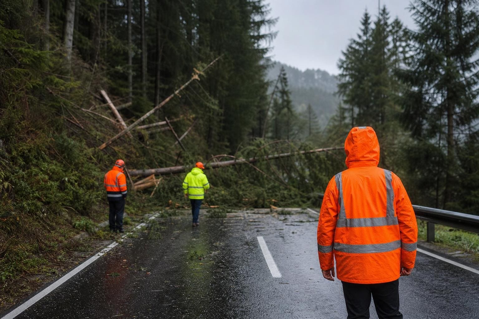 Arbeiter in orangefarbenen Warnjacken vor umgestürzten Bäumen auf nasser Straße