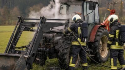 Zwei Feuerwehrleute löschen einen qualmenden Traktor auf einer Wiese