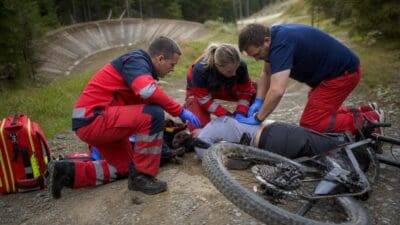 Rettungskräfte versorgen einen verletzten Radfahrer auf einem Waldweg nach einem Sturz