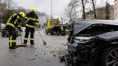 Zwei Feuerwehrleute in Warnwesten räumen Unfalltrümmer auf einer Straße neben einem stark beschädigten Auto