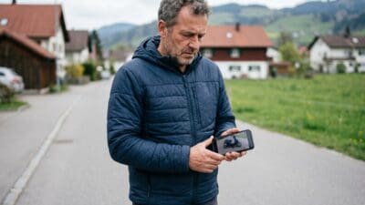 Ein Mann in blauer Jacke betrachtet auf seinem Smartphone ein Bild eines Mopeds.