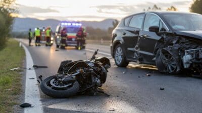 Umgestürztes Motorrad neben beschädigtem Pkw auf der Straße mit Rettungskräften im Hintergrund