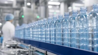 Transparente Plastikflaschen mit Wasser auf einem blauen Förderband in einer Produktionshalle mit Arbeiter im Hintergrund